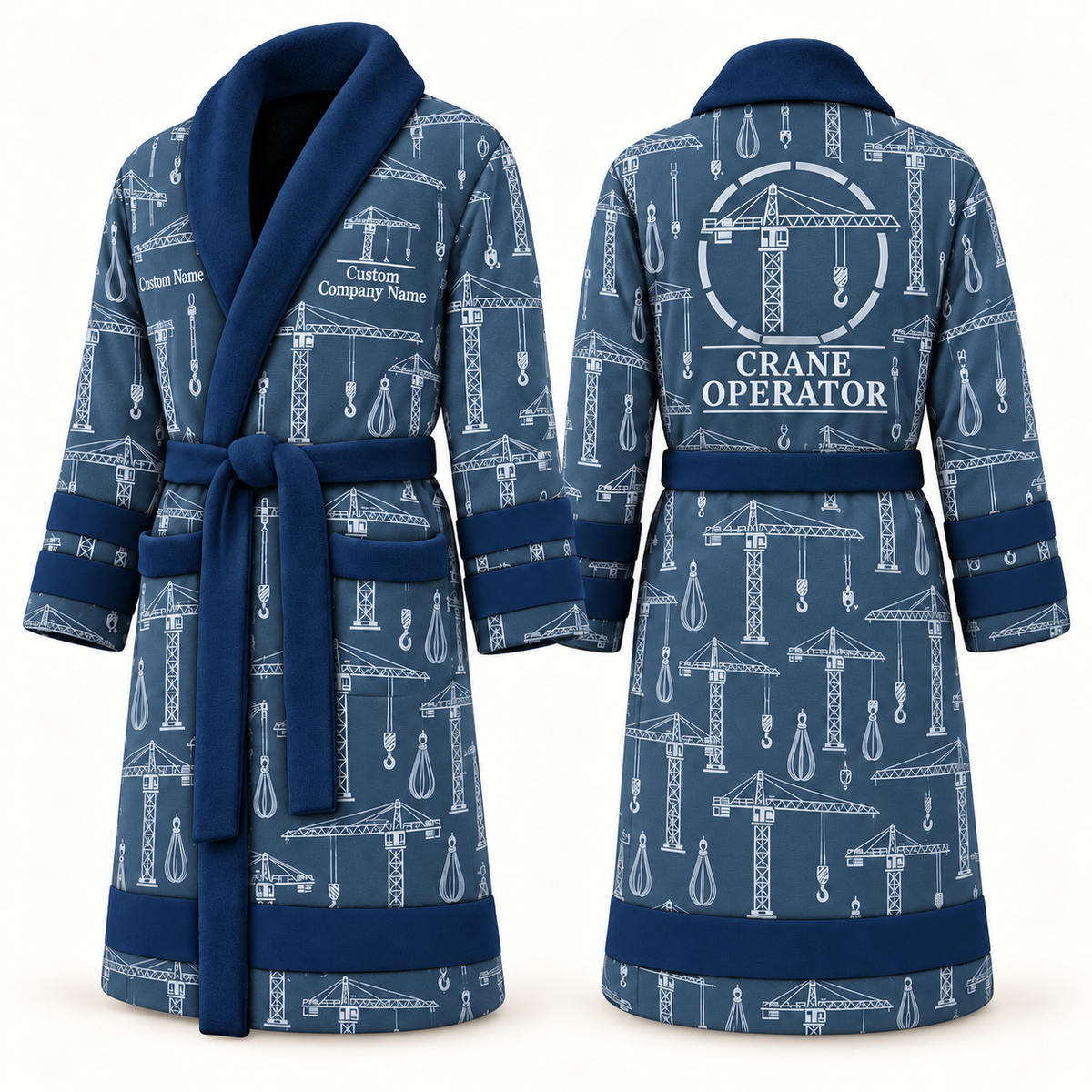 Personalized Crane Operator Bathrobe blue front and back