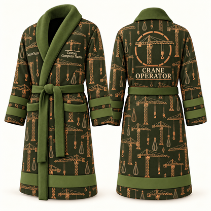 Personalized Crane Operator Bathrobe olive front and back