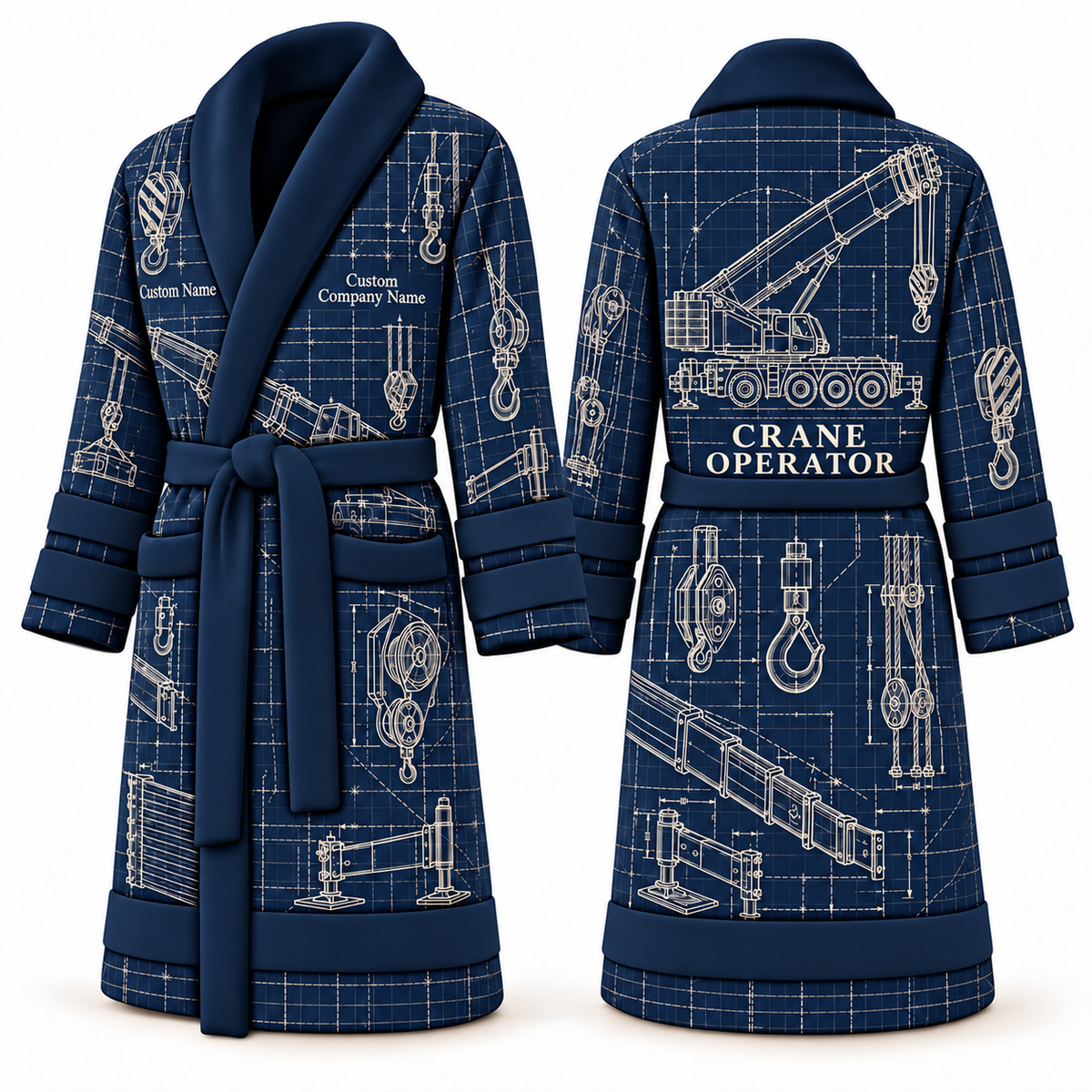 Personalized Crane Operator Bathrobe - Blueprint Workshop blue front and back view