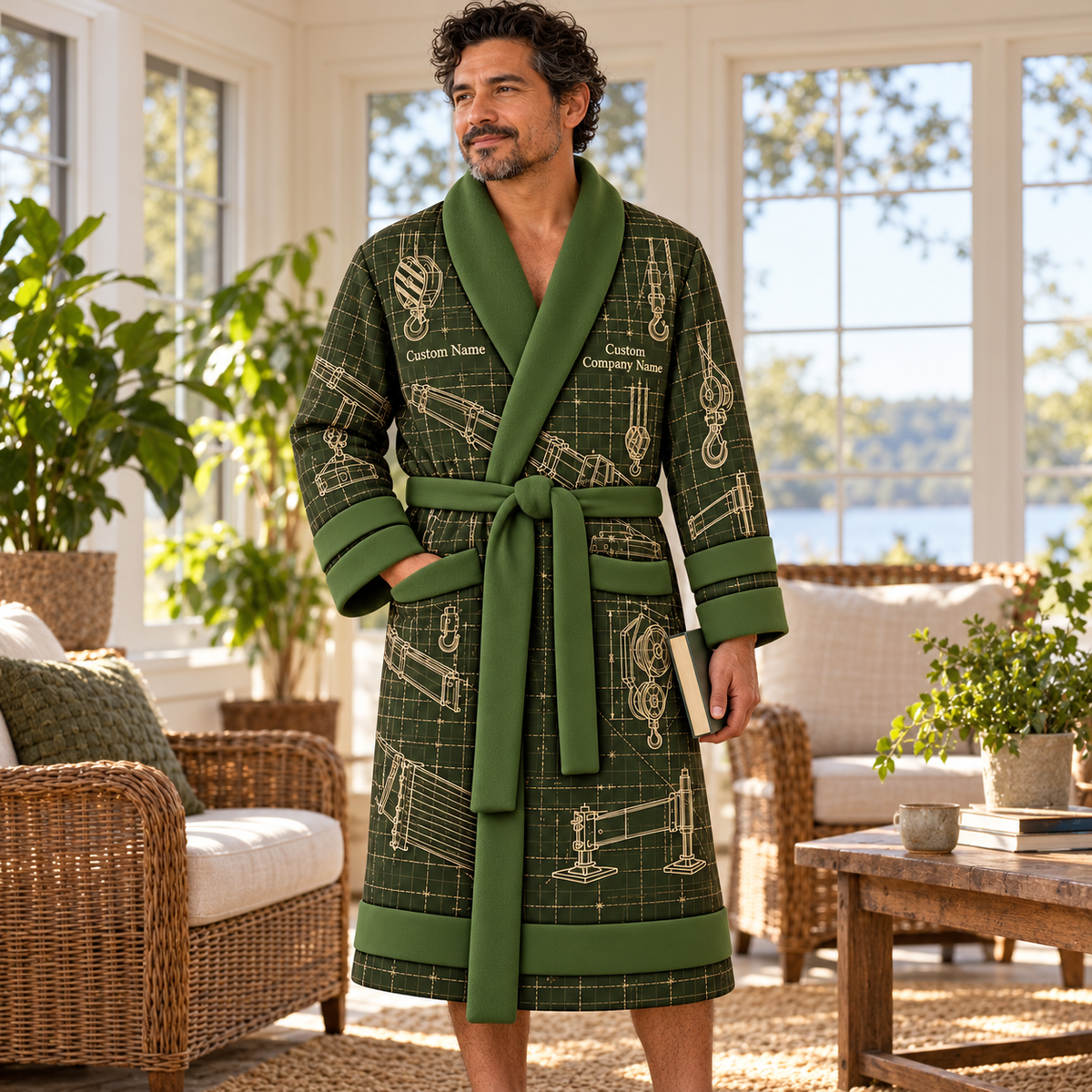 Personalized Crane Operator Bathrobe - Blueprint Workshop lifestyle view