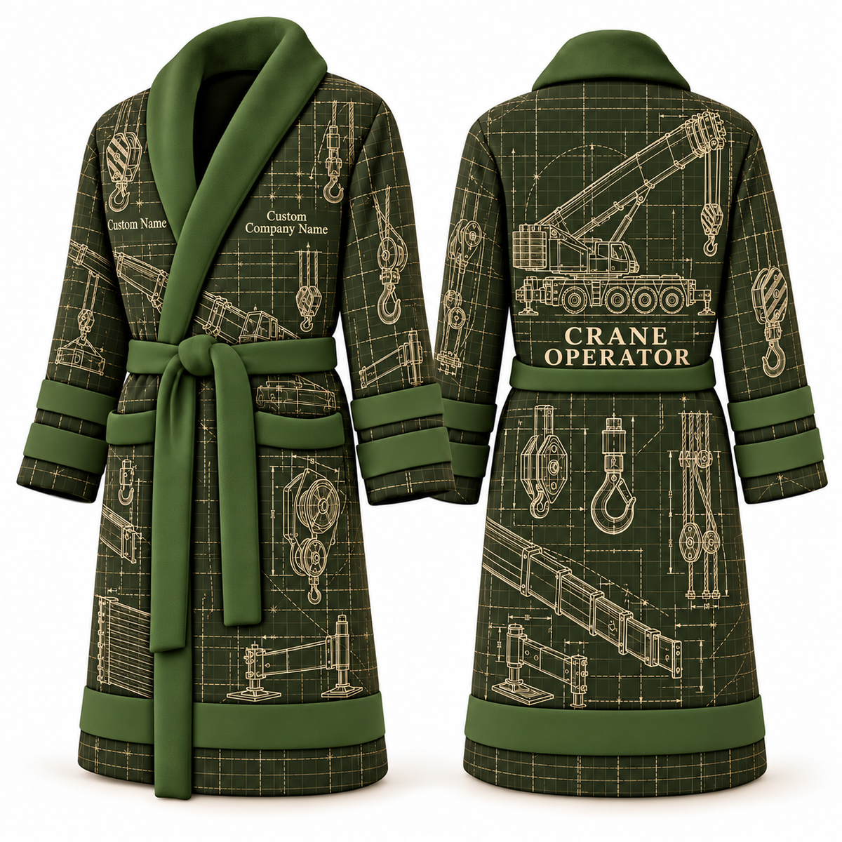Personalized Crane Operator Bathrobe - Blueprint Workshop olive front and back view