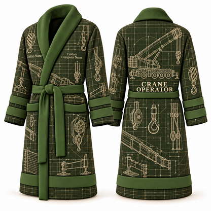 Personalized Crane Operator Bathrobe - Blueprint Workshop olive front and back view