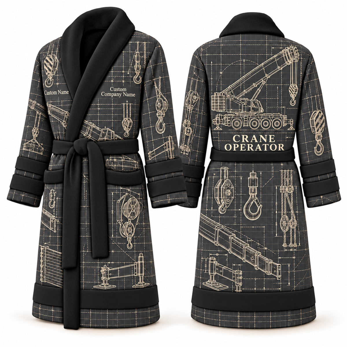 Personalized Crane Operator Bathrobe - Blueprint Workshop slate front and back view