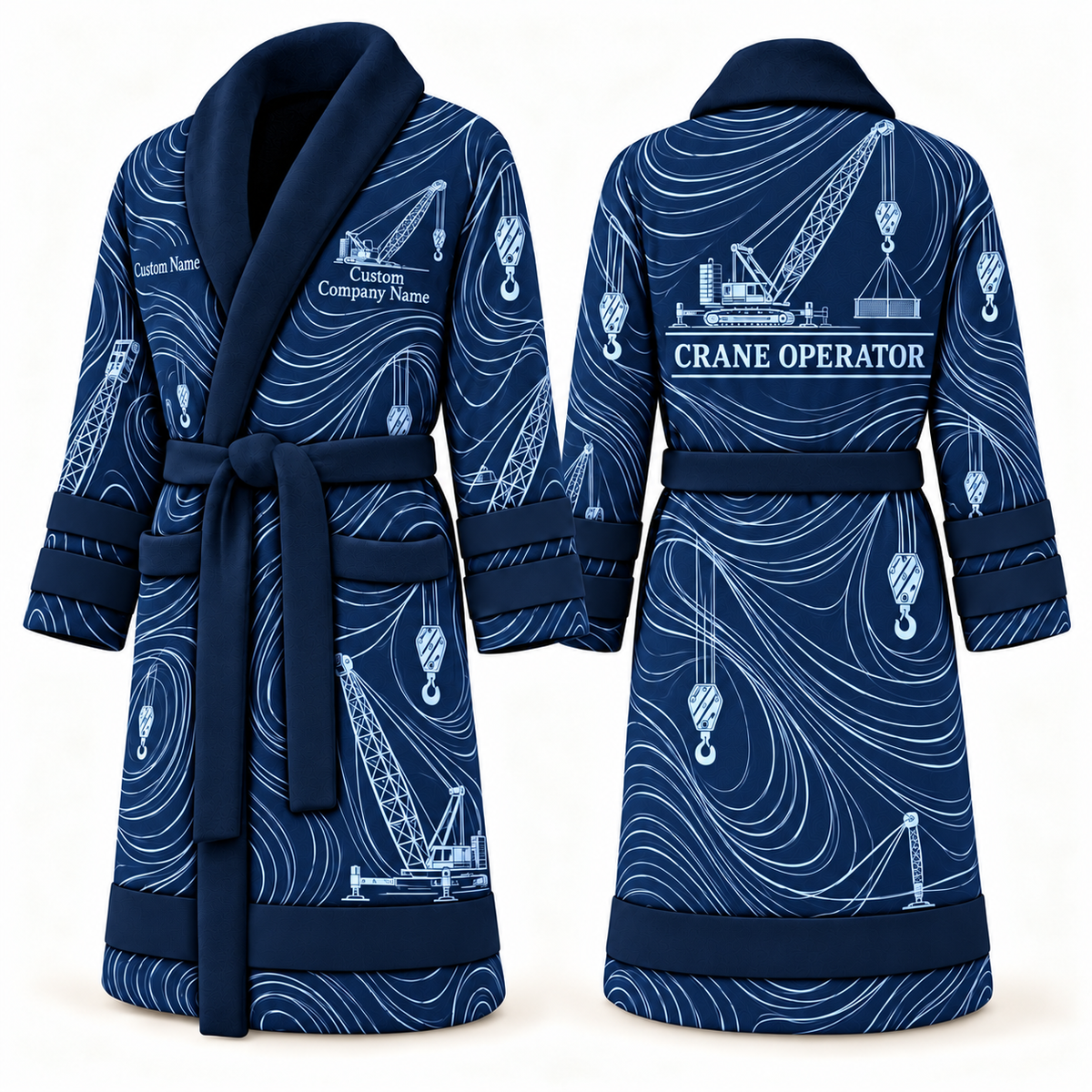 Personalized Crane Operator Bathrobe - Contour Lines blue front and back view