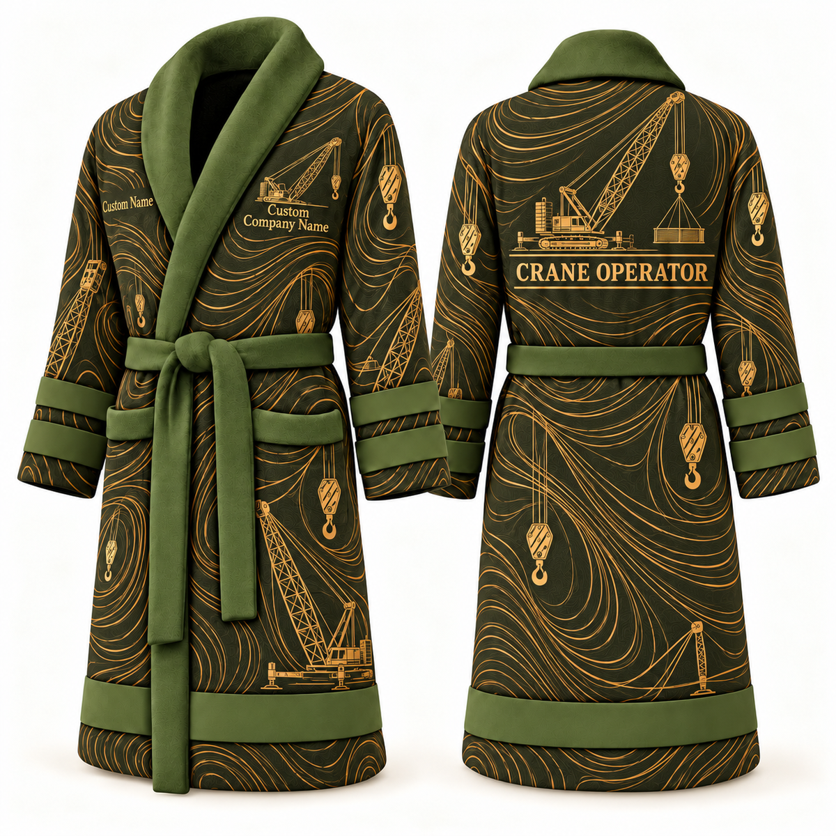 Personalized Crane Operator Bathrobe - Contour Lines olive front and back view