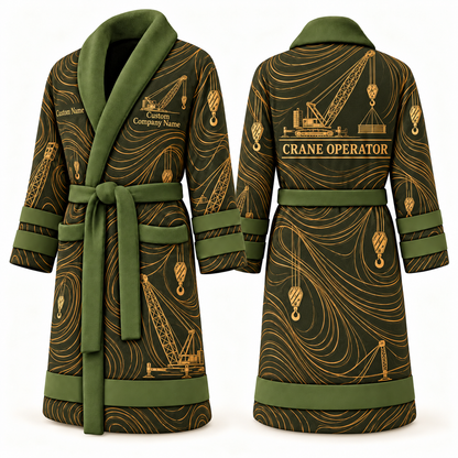 Personalized Crane Operator Bathrobe - Contour Lines olive front and back view