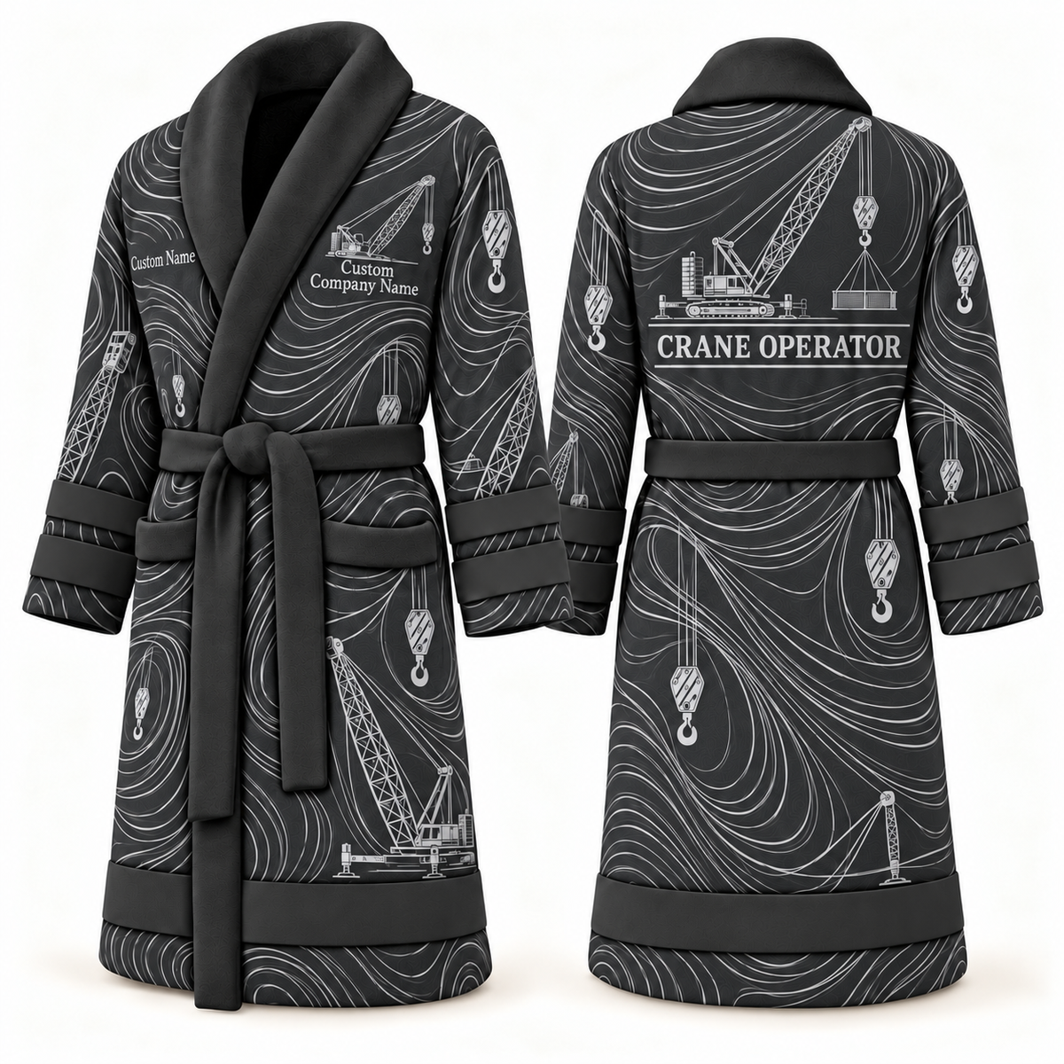 Personalized Crane Operator Bathrobe - Contour Lines slate front and back view
