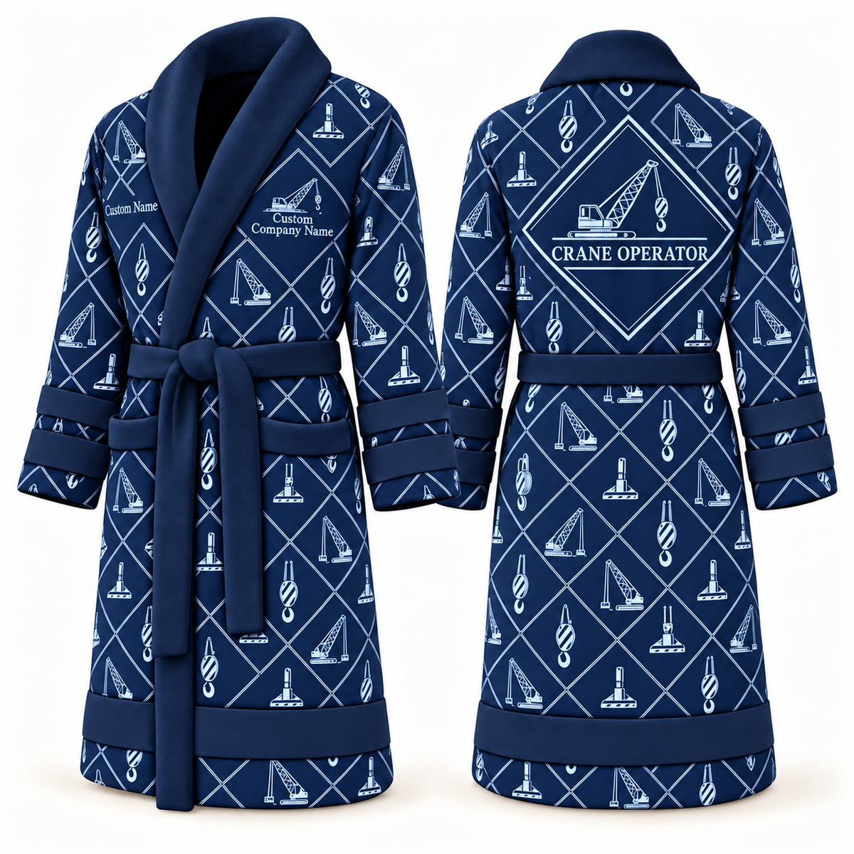 Personalized Crane Operator Bathrobe - Diamond Emblems blue front and back view