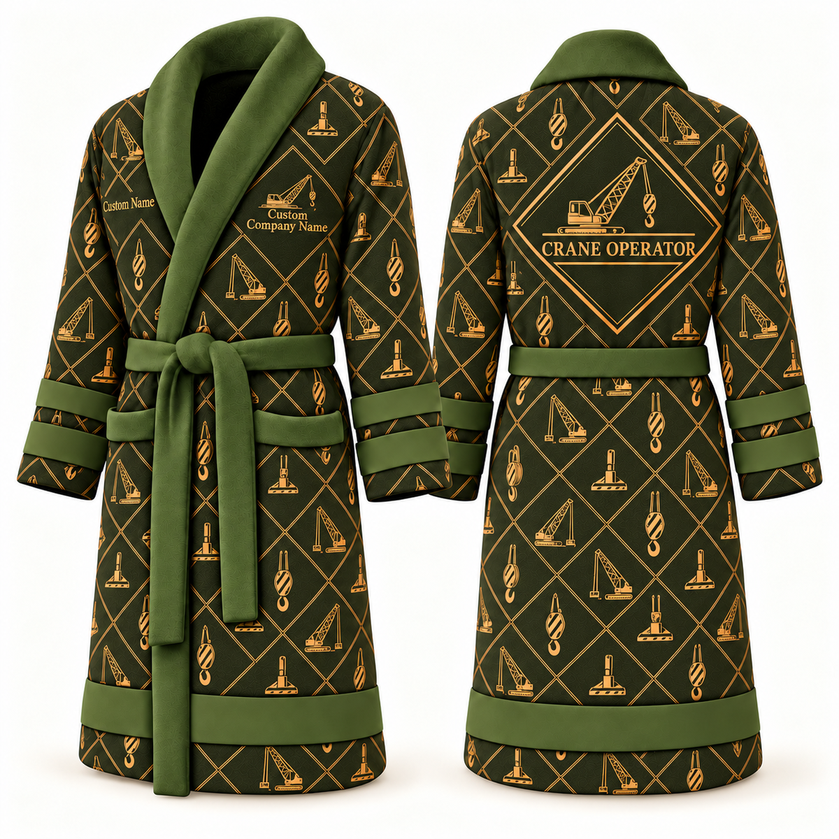 Personalized Crane Operator Bathrobe - Diamond Emblems olive front and back view