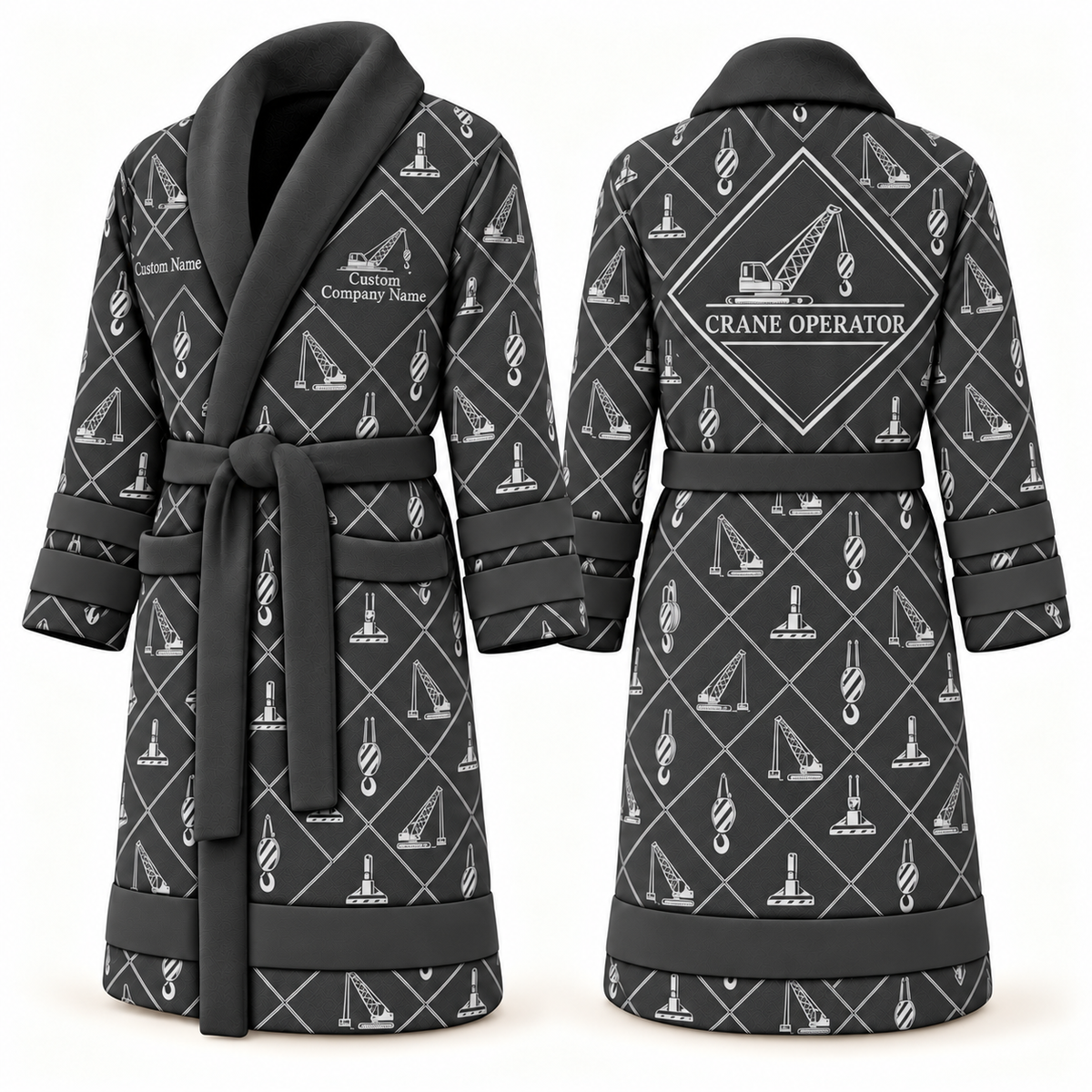 Personalized Crane Operator Bathrobe - Diamond Emblems slate front and back view