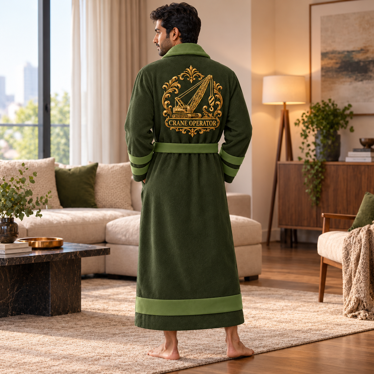 Personalized Crane Operator Bathrobe - Heritage Crest lifestyle view