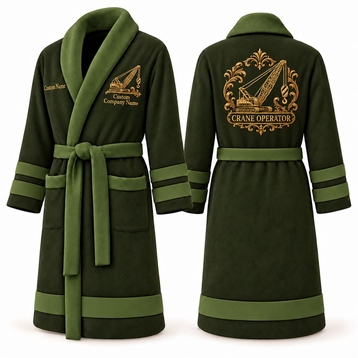 Personalized Crane Operator Bathrobe - Heritage Crest olive front and back view