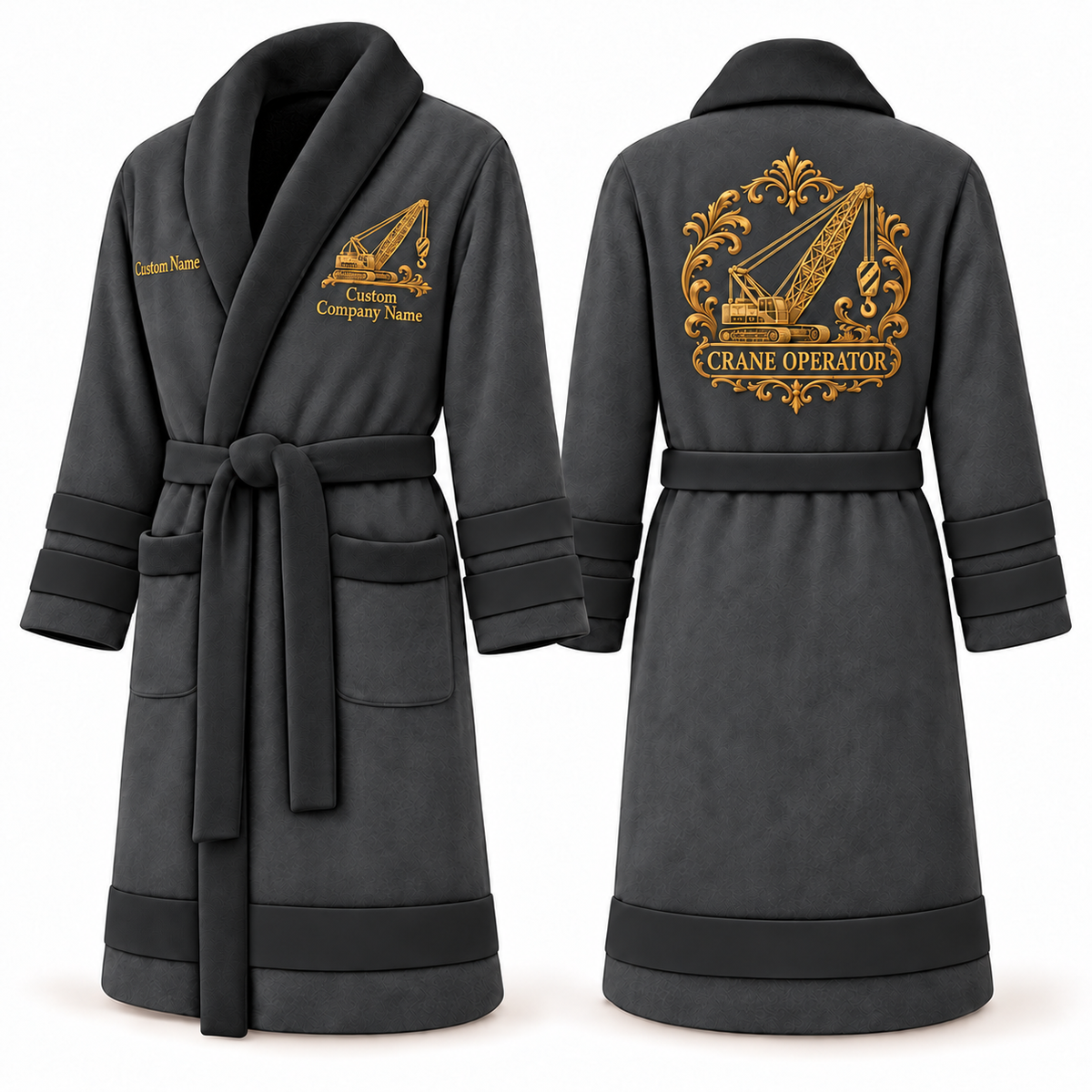 Personalized Crane Operator Bathrobe - Heritage Crest slate front and back view