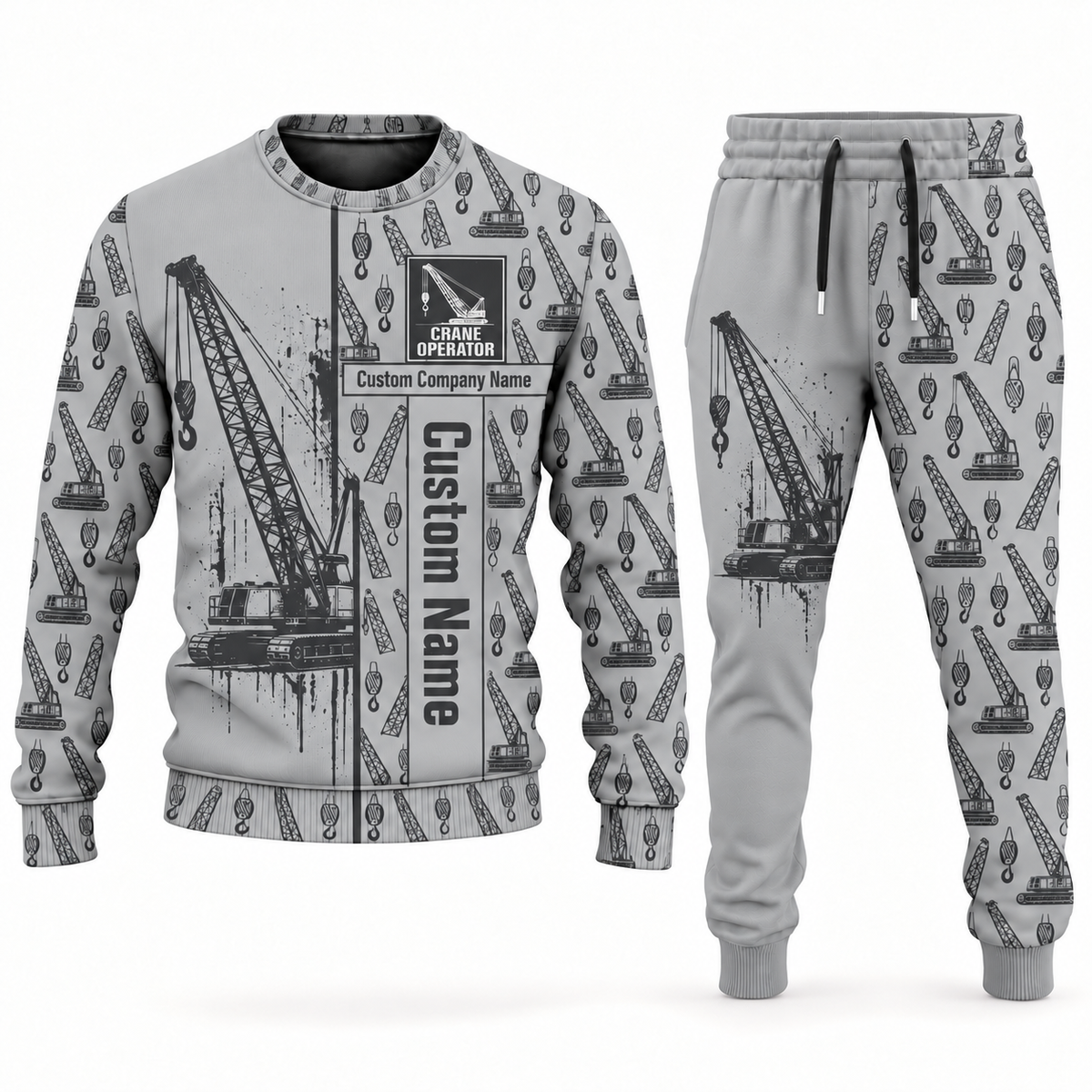 crane operator occupation-themed sweater and jogger combo lightgray color with name and company artwork