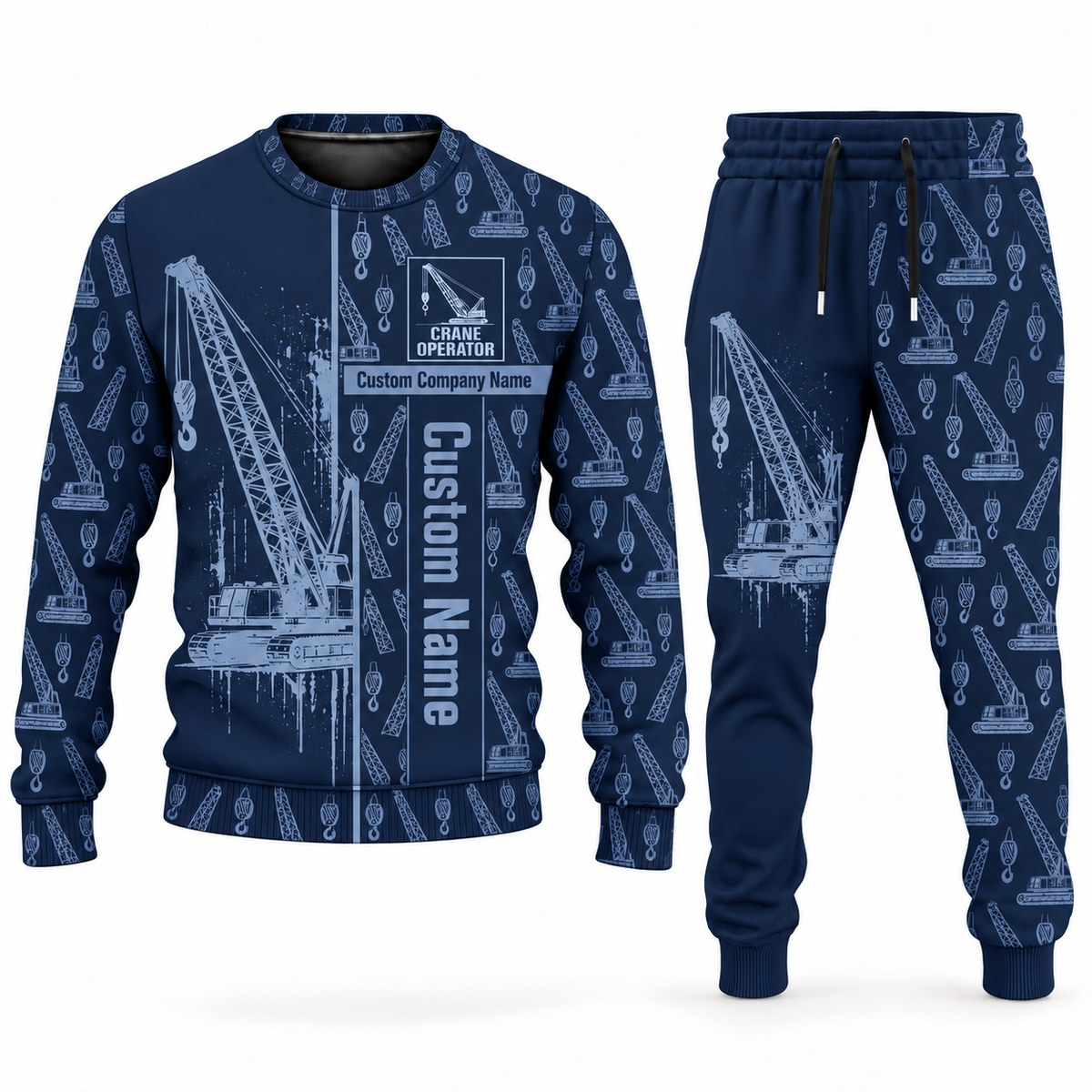 crane operator occupation-themed sweater and jogger combo navy color with name and company artwork