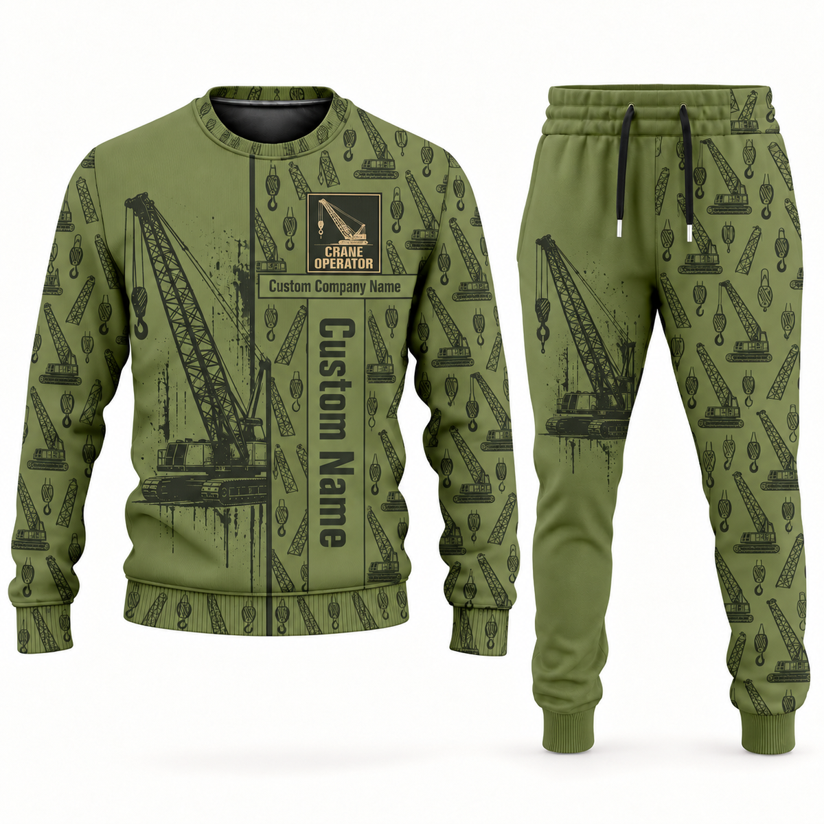 crane operator occupation-themed sweater and jogger combo olive color with name and company artwork