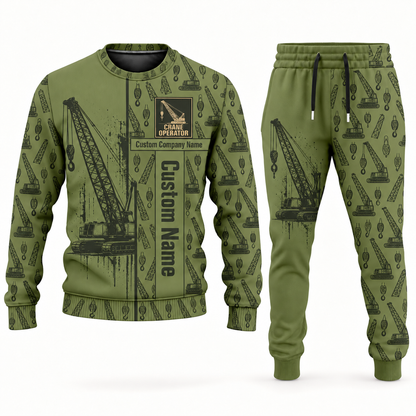 crane operator occupation-themed sweater and jogger combo olive color with name and company artwork