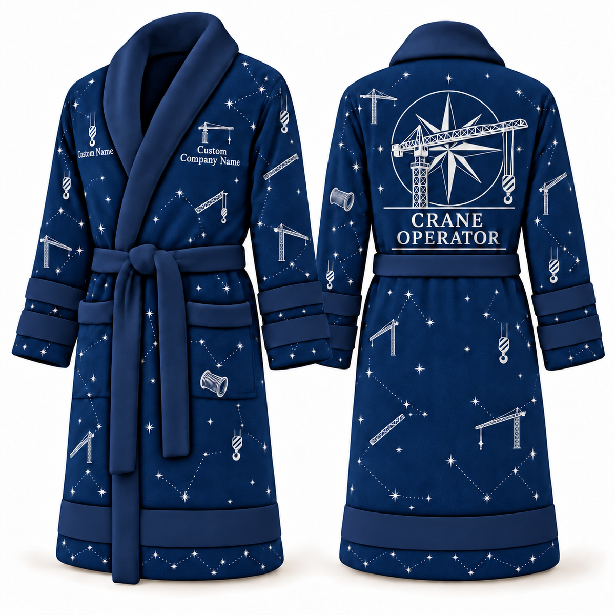 Personalized Crane Operator Bathrobe - Night Shift blue front and back view