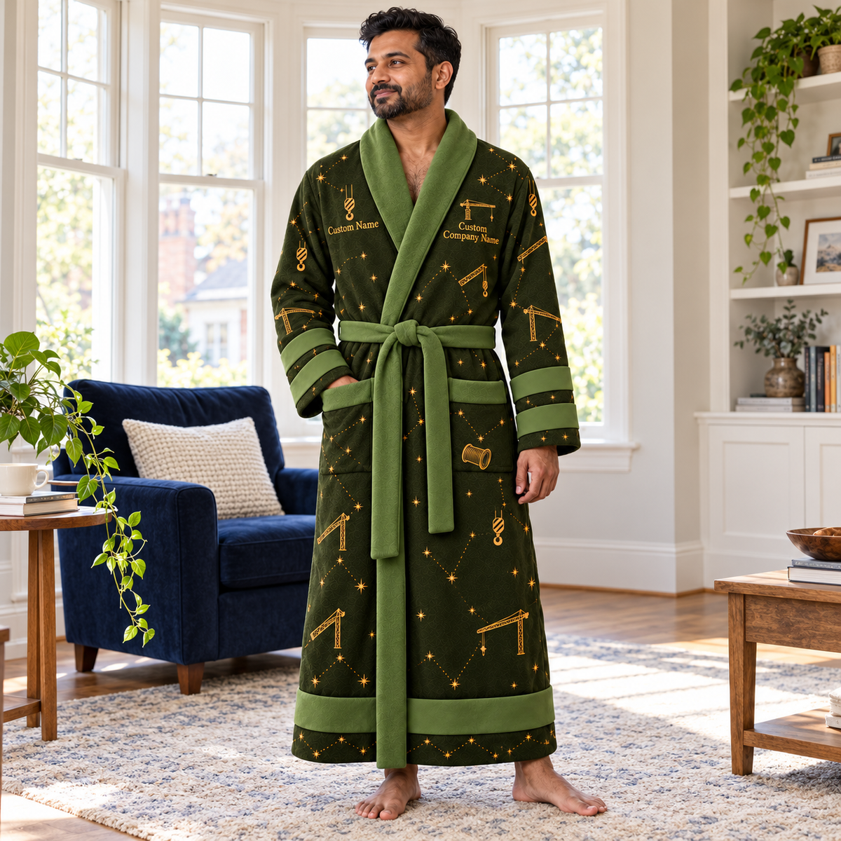 Personalized Crane Operator Bathrobe - Night Shift lifestyle view