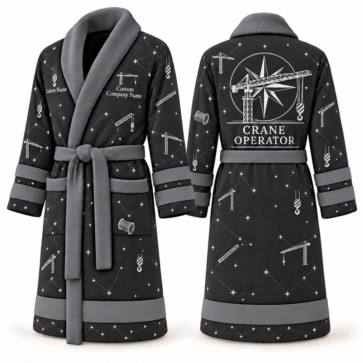 Personalized Crane Operator Bathrobe - Night Shift slate front and back view
