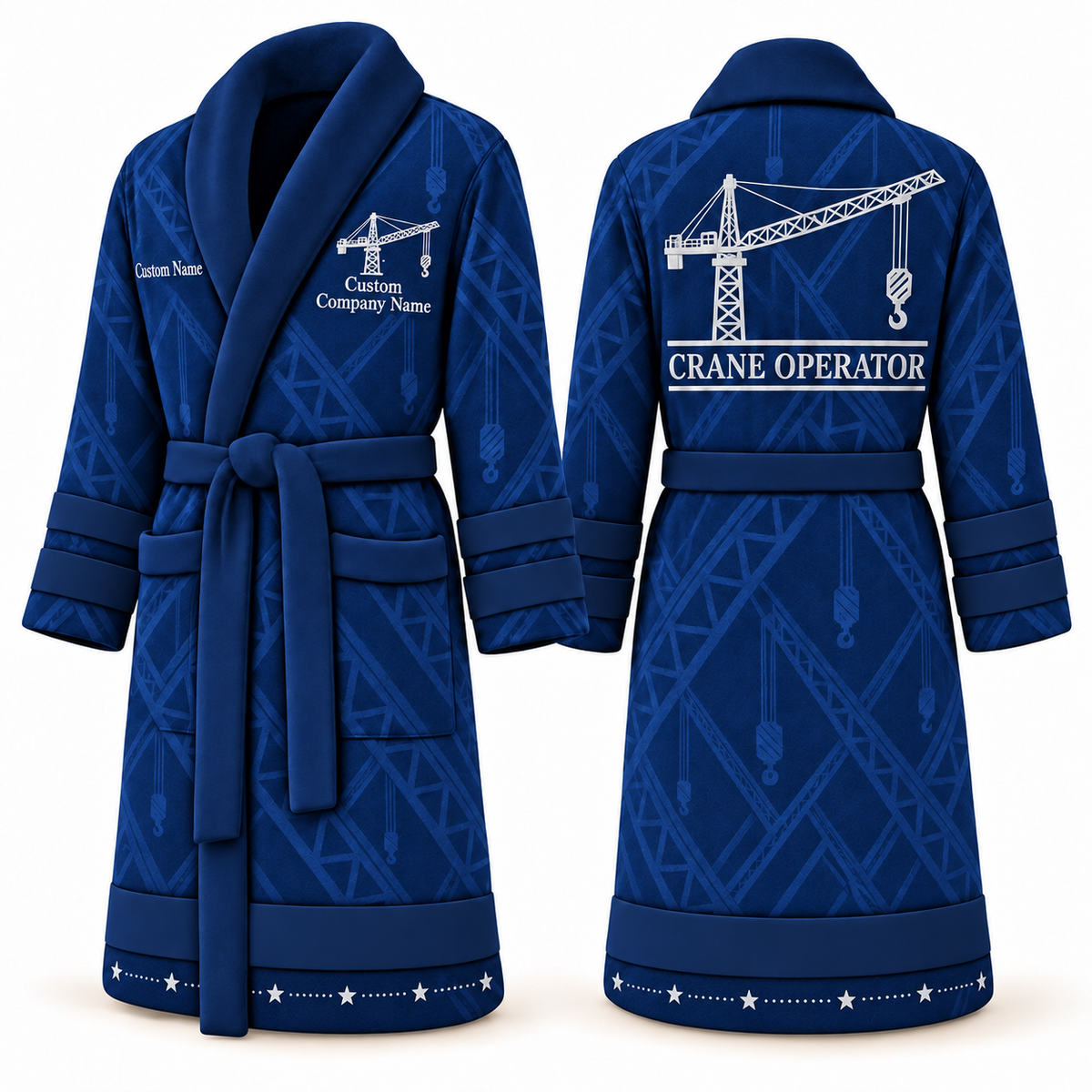 Personalized Crane Operator Bathrobe - Signature Silhouette blue front and back view