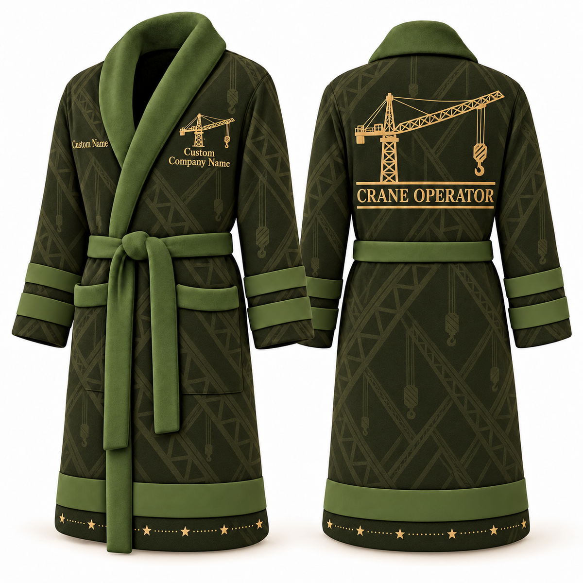 Personalized Crane Operator Bathrobe - Signature Silhouette olive front and back view