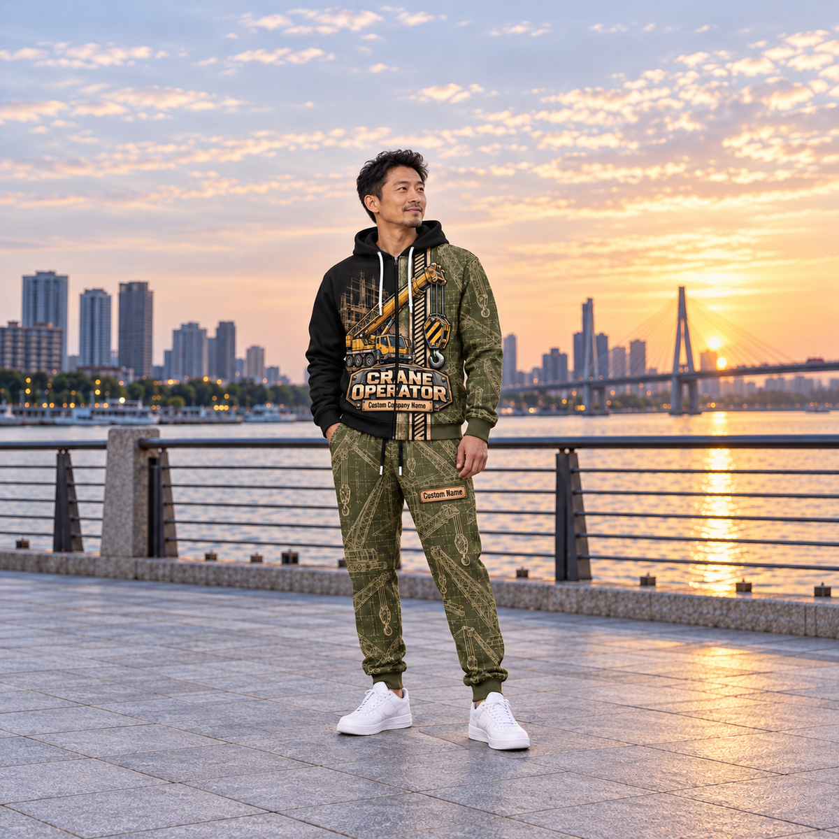 crane operator full-zip hoodie and matching joggers - adult male lifestyle