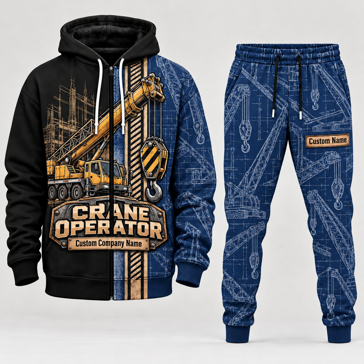 crane operator full-zip hoodie and matching joggers - navy catalog view