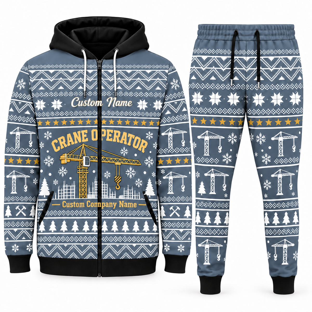 crane-operator blue-gray Winter Snowflake full-zip hoodie and jogger combo with Custom Name and Custom Company Name