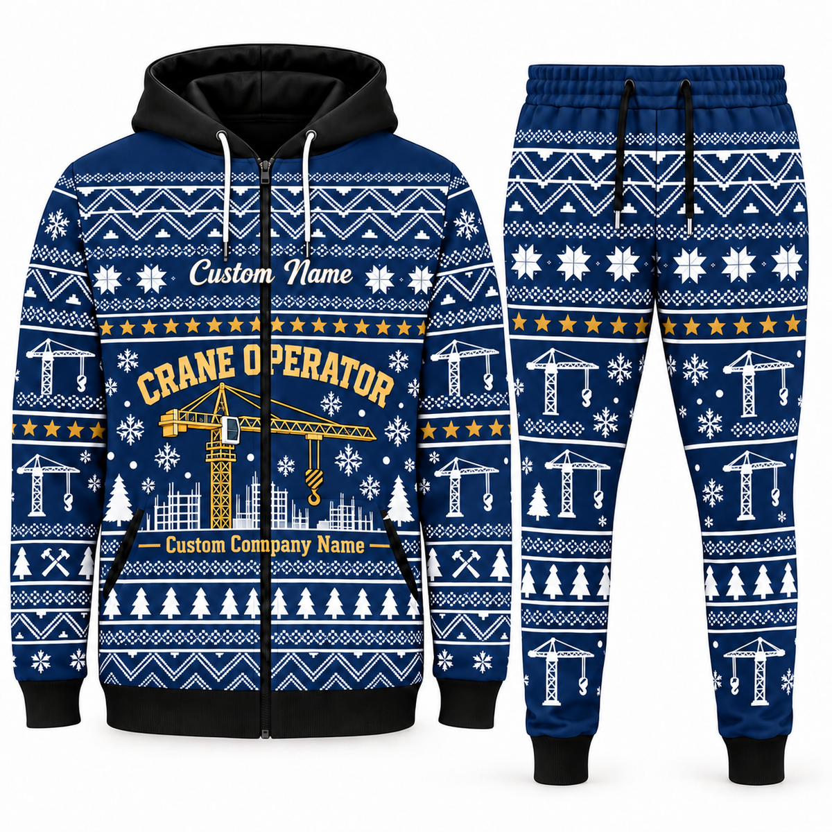 crane-operator navy Winter Snowflake full-zip hoodie and jogger combo with Custom Name and Custom Company Name