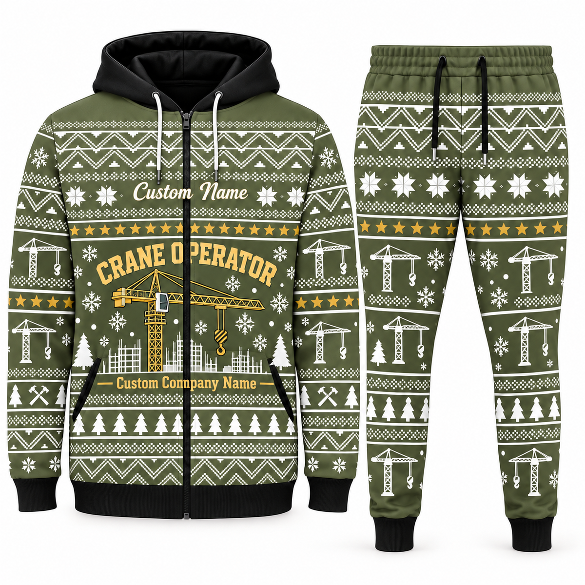 crane-operator olive Winter Snowflake full-zip hoodie and jogger combo with Custom Name and Custom Company Name