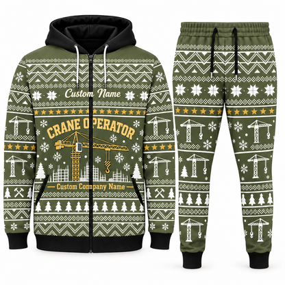 crane-operator olive Winter Snowflake full-zip hoodie and jogger combo with Custom Name and Custom Company Name