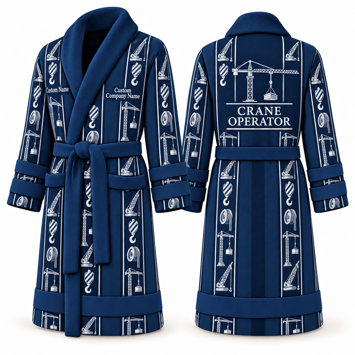 Personalized Crane Operator Bathrobe - Workbench Stripes blue front and back view