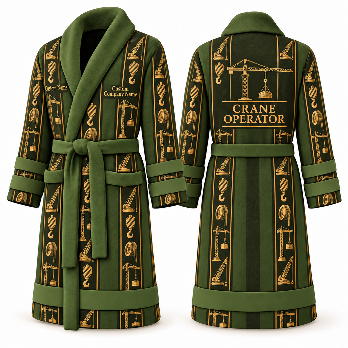 Personalized Crane Operator Bathrobe - Workbench Stripes olive front and back view