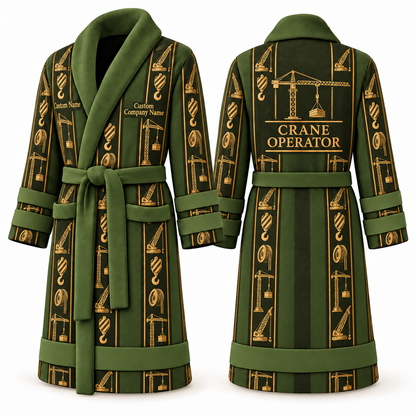 Personalized Crane Operator Bathrobe - Workbench Stripes olive front and back view