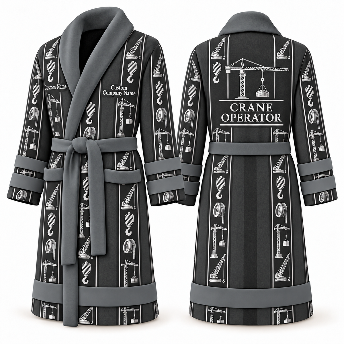 Personalized Crane Operator Bathrobe - Workbench Stripes slate front and back view