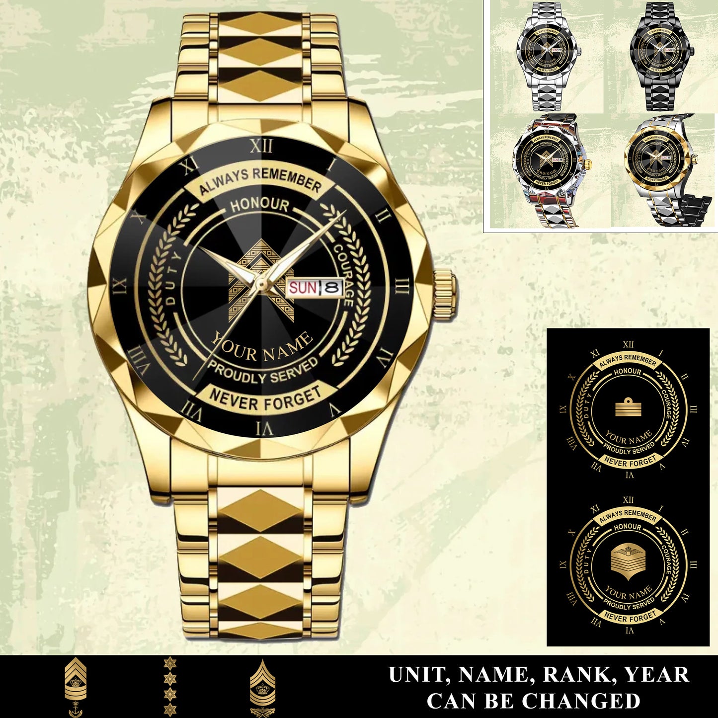 Personalized Denmark Soldier/ Veteran With Rank And Name Gentleman Crystal Metal Watch - 17446752