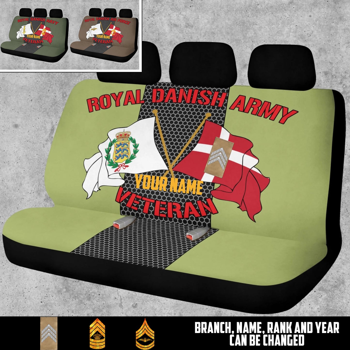 Personalized Denmark Soldier/ Veteran With Name And Rank Car Back Seat Cover Set (with foaming) - 17490816