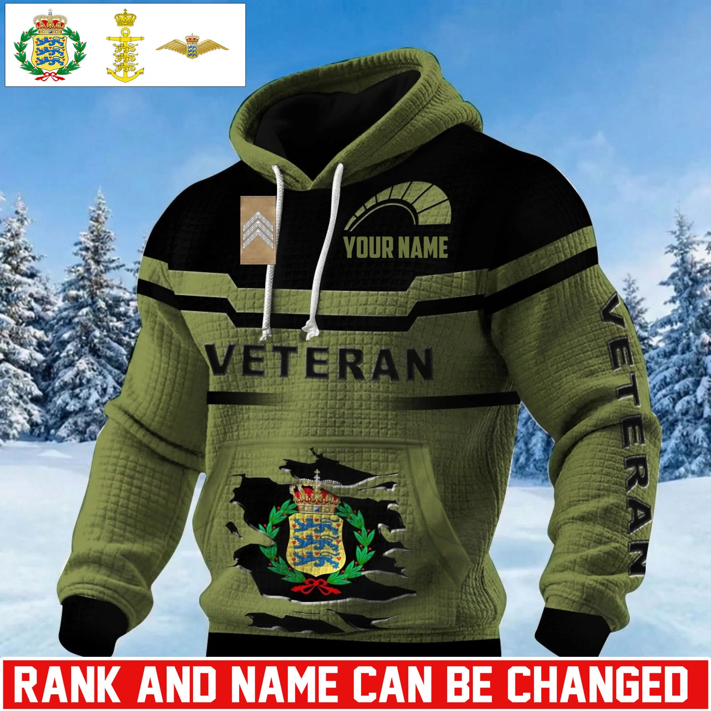 Personalized Denmark Soldier/ Veteran With Rank And Name 3D Waffle Hoodie - 17695584
