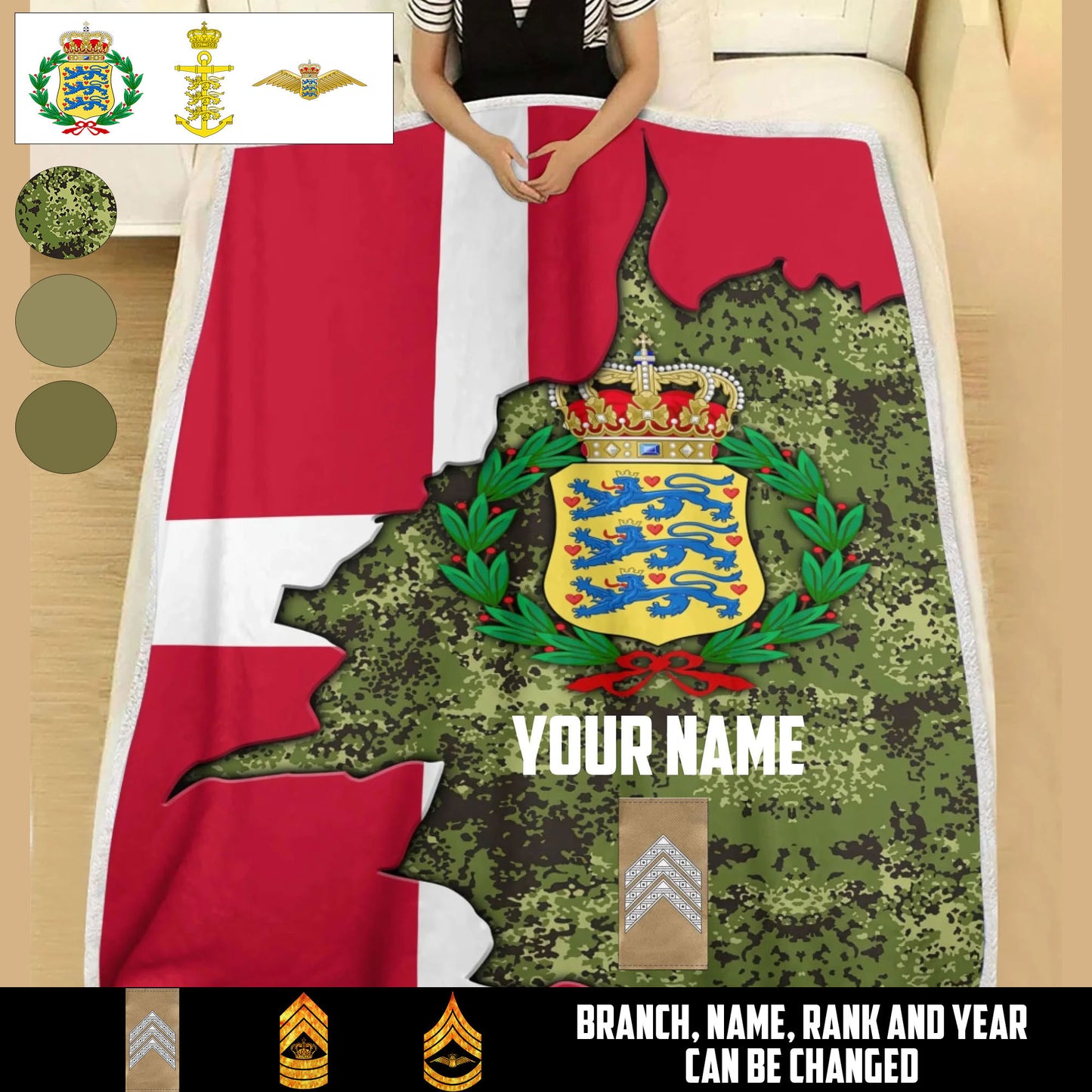 Personalized Denmark Soldier/ Veteran With Rank And  Name Fleece Blanket 3D Printed - 17607456
