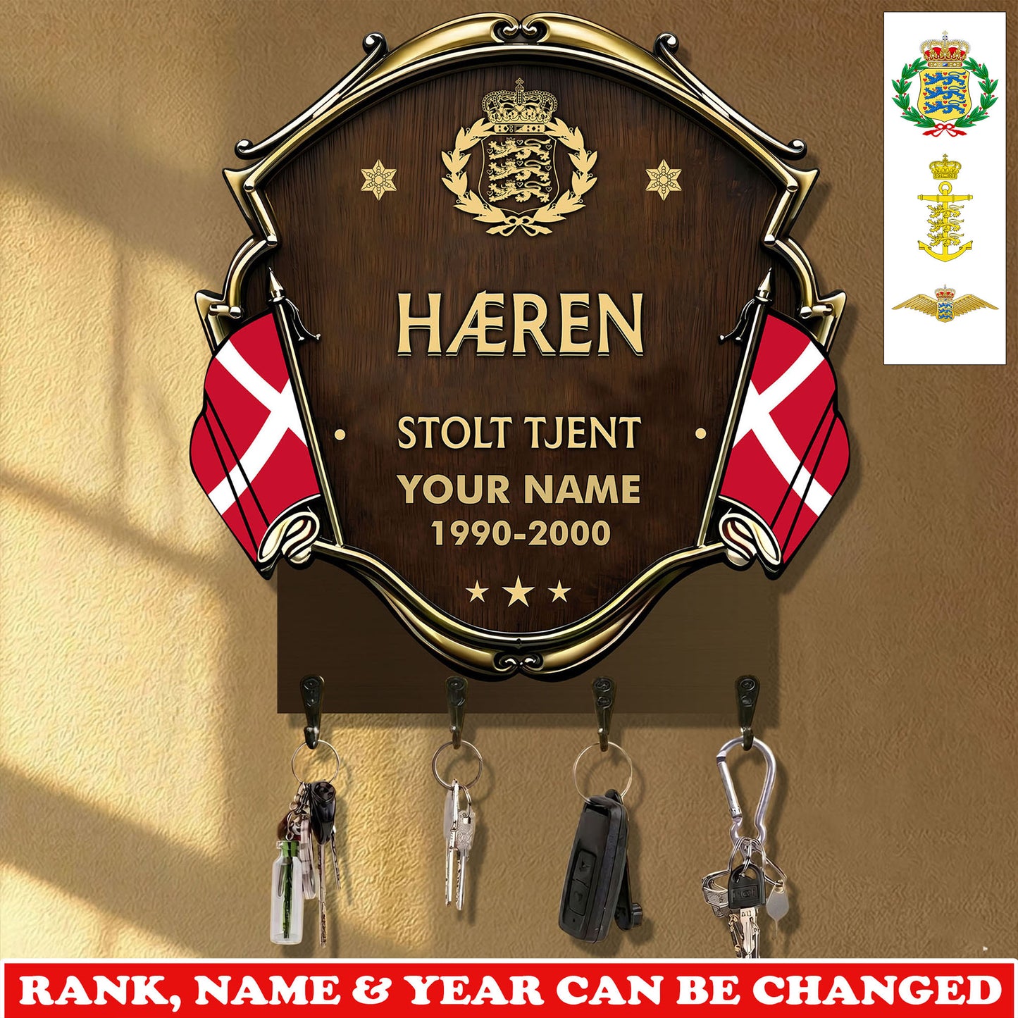 Personalized Denmark Veteran/ Soldier With Rank, Year And Name Wooden Key Holder - 17757792