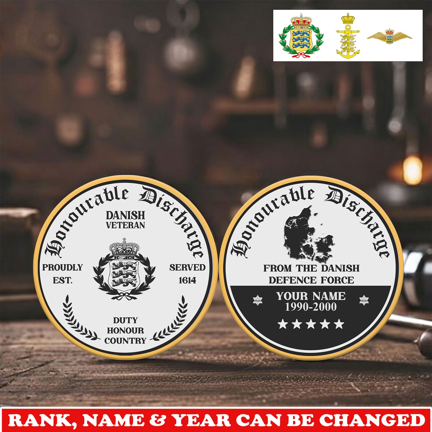 Personalized Denmark Veteran/ Soldier With Rank,  Name And Year Challenge Coin - 17743968