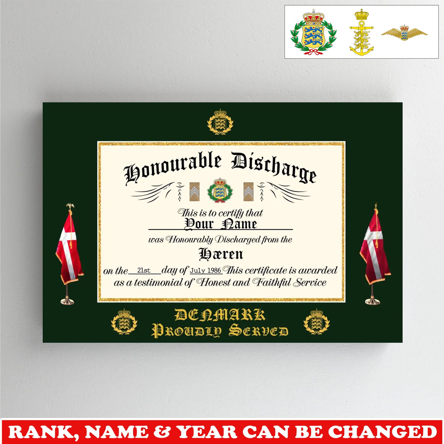 Personalized Denmark Soldier/Veteran with Rank, Name & Year Canvas - 17739648