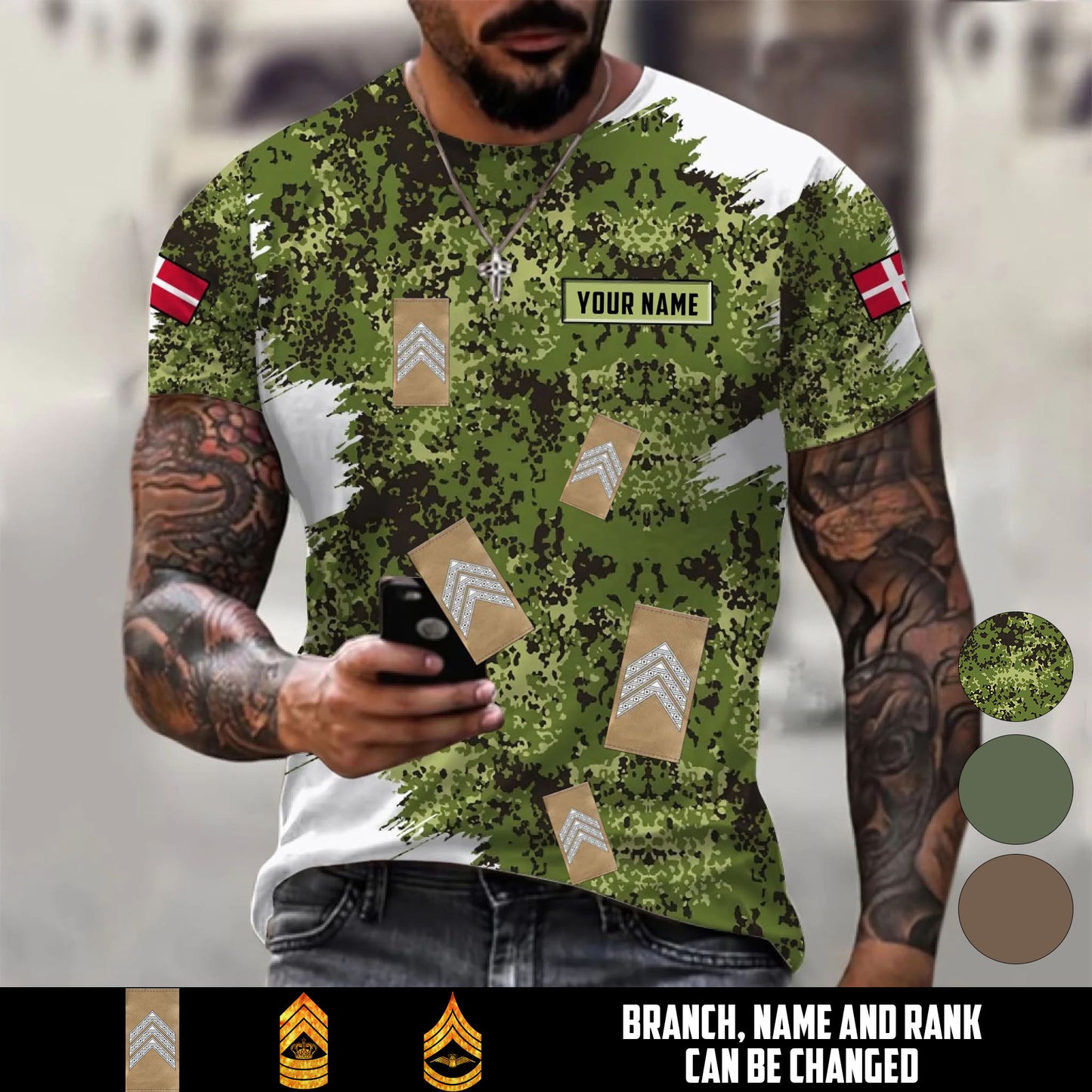 Personalized Denmark Soldier/Veteran Camo with Name and Rank T-Shirt All Over Printed - 17665344