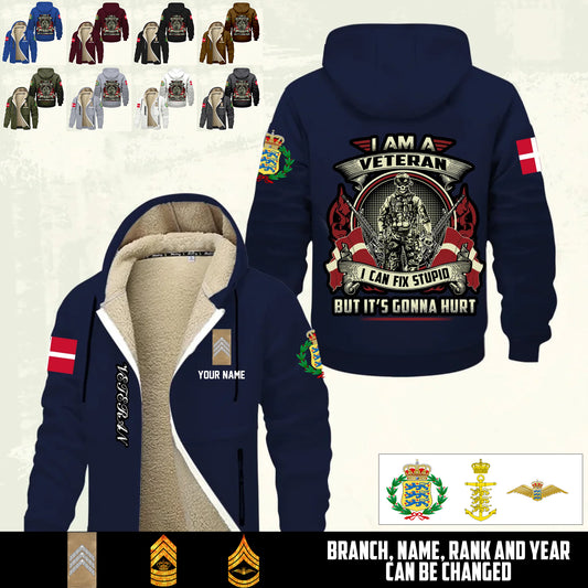 Personalized Denmark Soldier/ Veteran With Name And Rank Hoodie Zip Velvet Coat - 17552160
