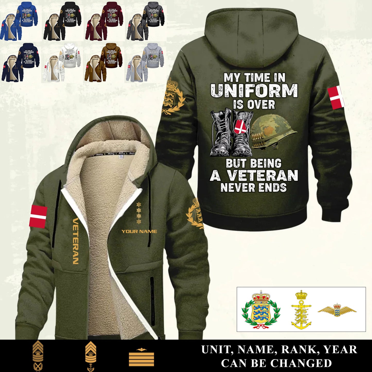 Personalized Denmark Soldier/ Veteran With Name And Rank Hoodie Zip Velvet Coat - 17551296