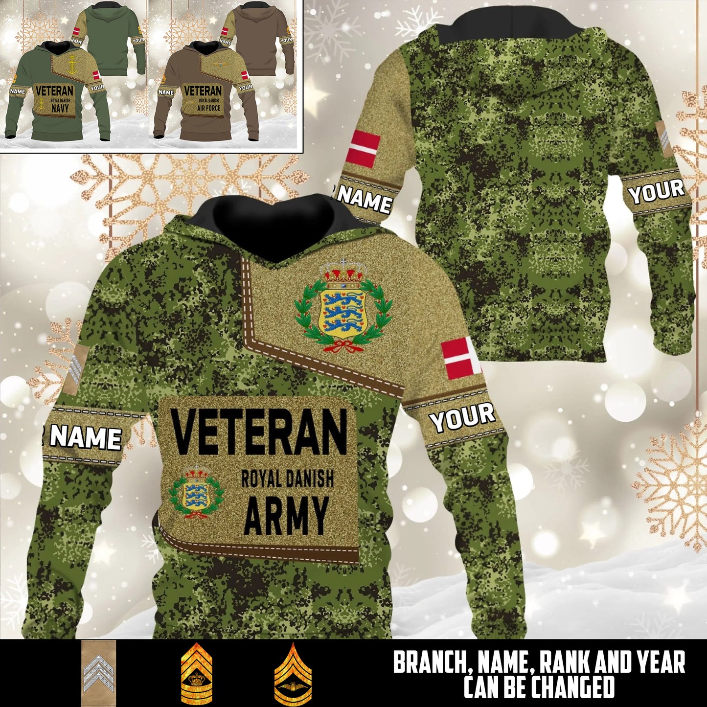 Personalized Denmark Soldier/Veteran Camo with Name and Rank Hoodie All Over Printed - 17539200