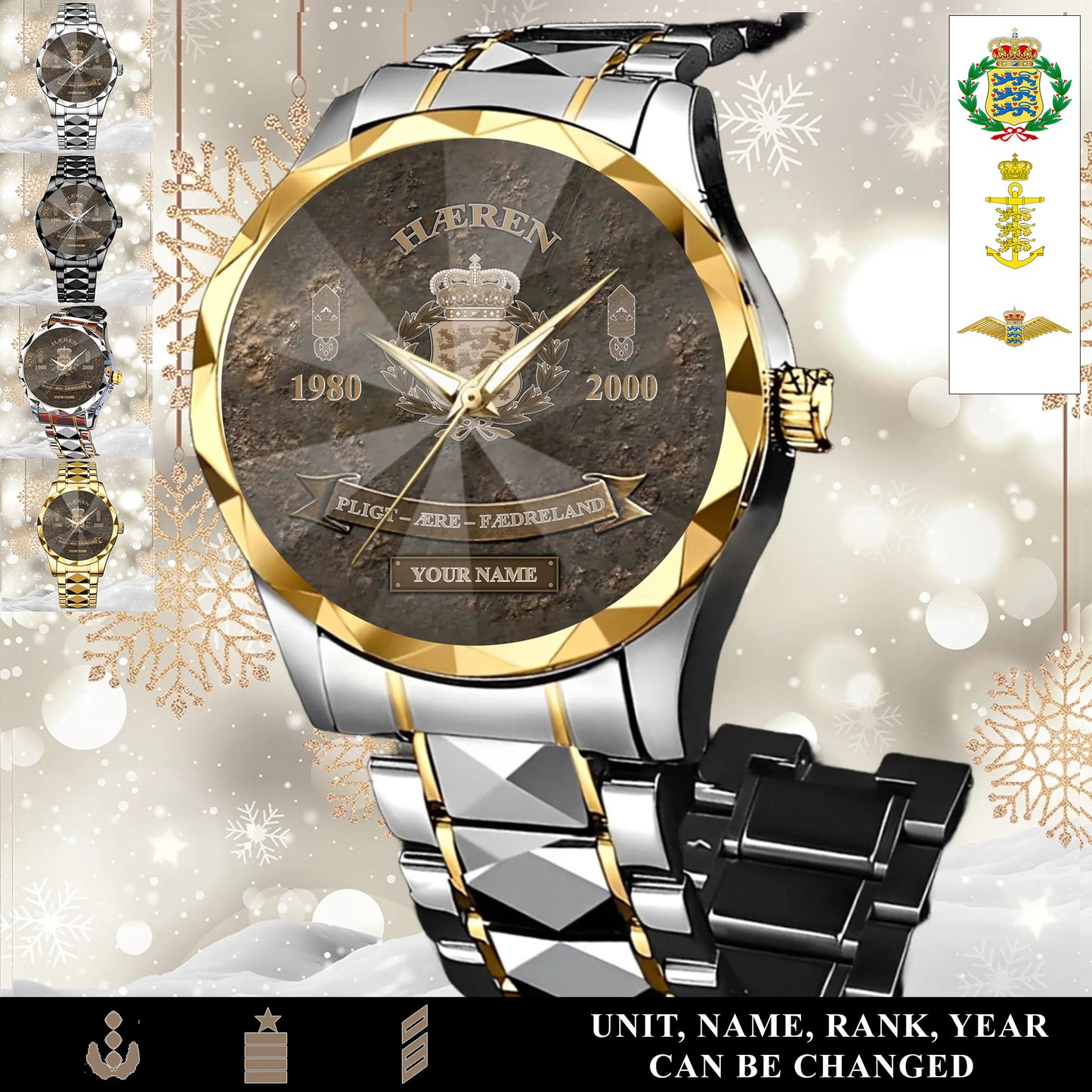 Personalized Denmark Soldier/Veteran with Name, Year and Rank Diamond-Cut Bezel Watch - 17649792