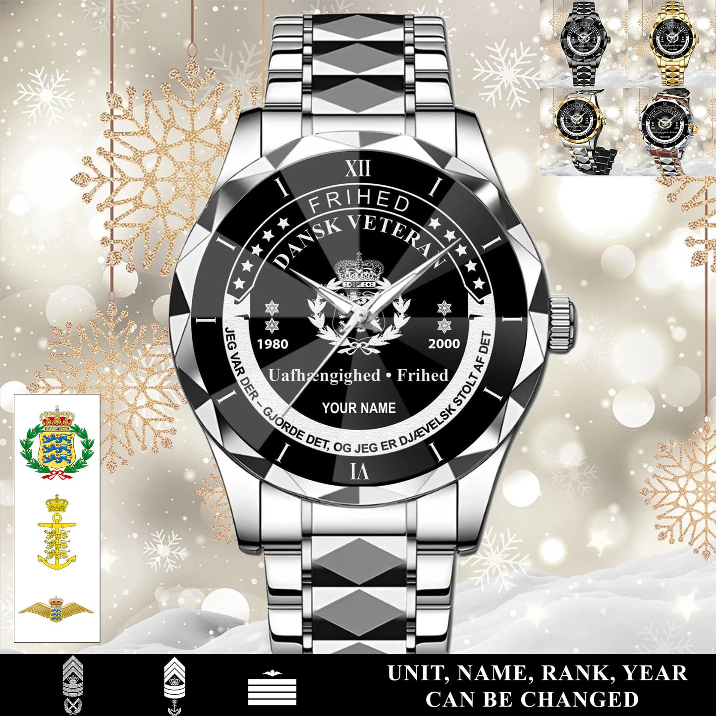 Personalized Denmark Soldier/Veteran with Name, Year and Rank Diamond-Cut Bezel Watch - 17650656