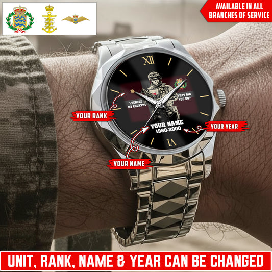 Personalized Denmark Soldier/Veteran with Name, Year and Rank Diamond-Cut Bezel Watch - 17623872